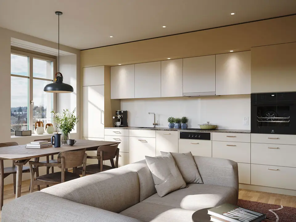 Viva Luzern: Haus Bernarda – Wohnen mit Services, Visualisierung Wohnen und Küche